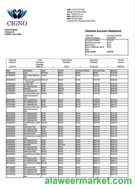Australia Cigno account statement Word and PDF template